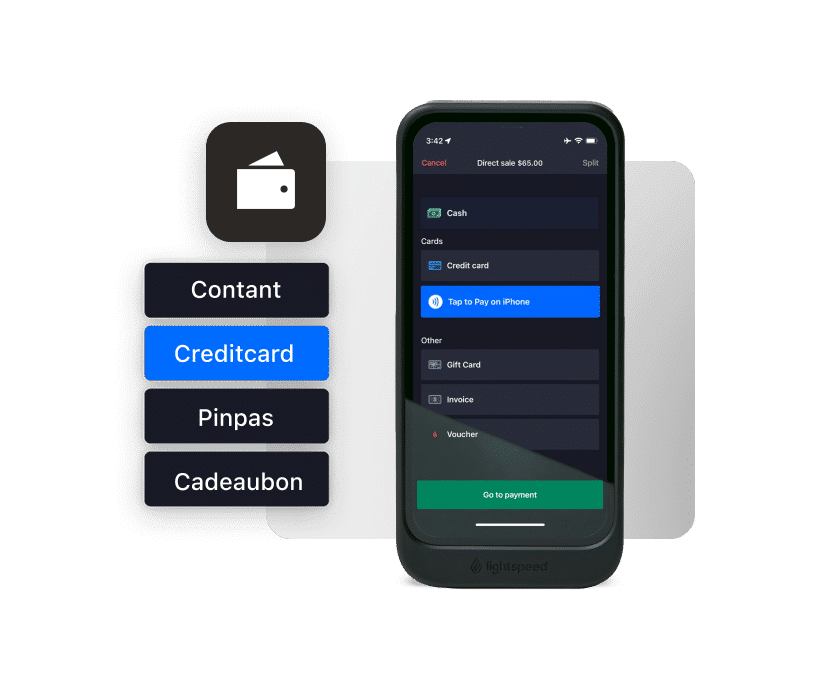 Overzicht met betaalmethodes en iPhone met Tableside interface