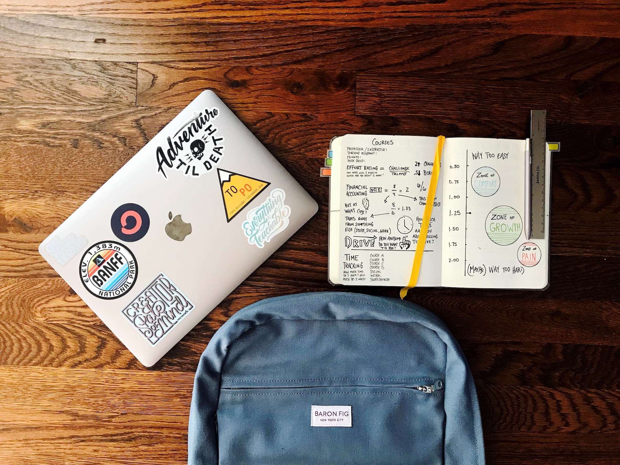 agenda, laptop and schoolbag