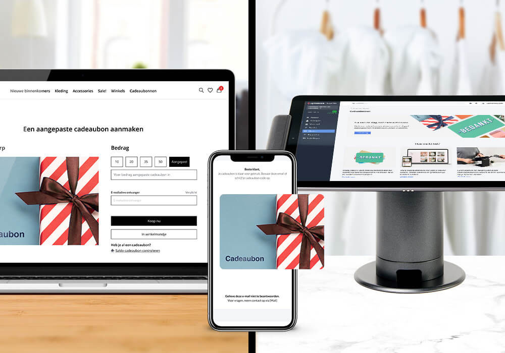 Webshop pagina voor cadeaubonnen op een desktop en een telefoon