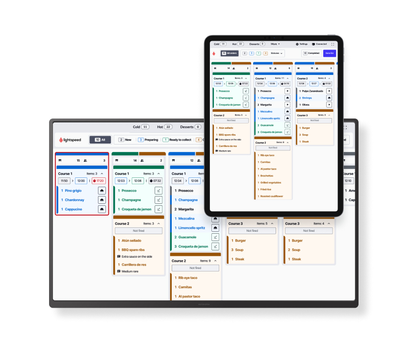 het lightspeed kitchen display system (KDS) keukenscherm, op een ipad en desktopmonitor
