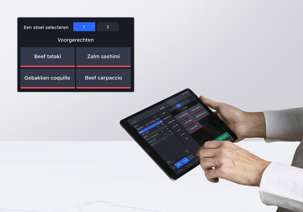 Close-up van bestelling per stoel en iPad interface van Lightspeed's Restaurant kassasysteem voor horeca.