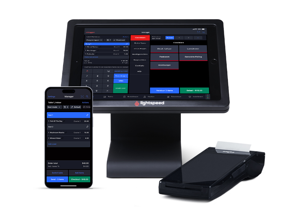 Lightspeed interface op iPhone en iPad, en betaalterminal