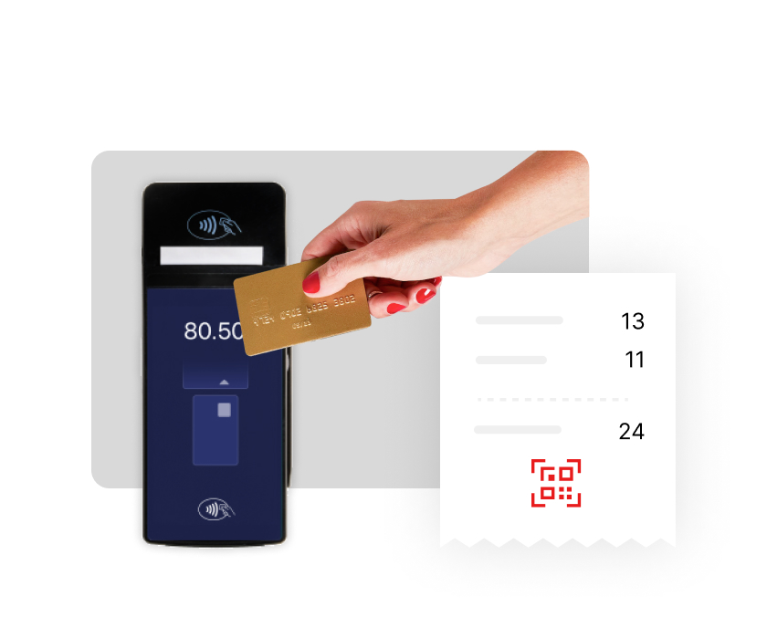 Betaalterminal met kaart en betaaloverzicht