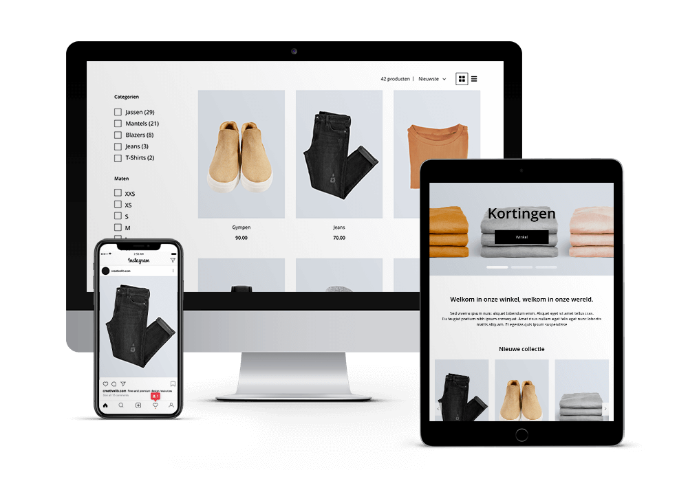 Kleding webshop op desktop, iPad en mobiel