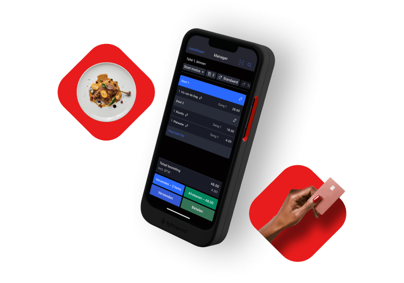 Gerecht, iPhone met Lightspeed Tableside interface en hand met betaalkaart.