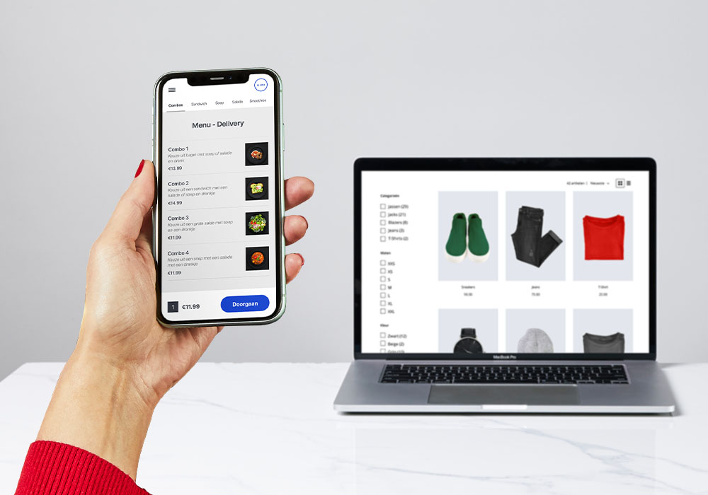 iPhone met mobiel verkoopscherm en MacBook met webshop