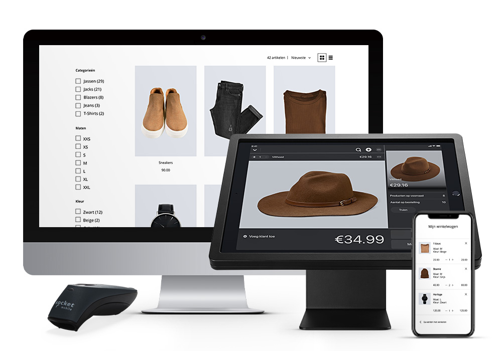 Webshop op desktop en telefoon, en een kassascherm